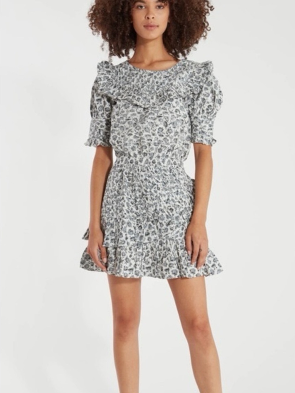 LoveShackFancy Ruffled Gray/Blue White Floral Mini Dress XS